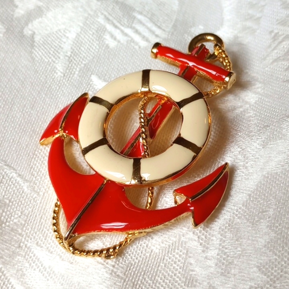 Nautical Brooch Red White Anchor Ring Enamel Gold Tone Pin 2x2in